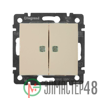 Механизм выключателя 2-кл. СП Valena 10А 250В IP31 с зел. подсветкой сл. кость Leg 774328