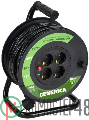 Удлинитель на катушке 4х30м 2P+PE 16А УК30 с термозащ. 3х1.5кв.мм GENERICA IEK WKP20-16-04-30-G