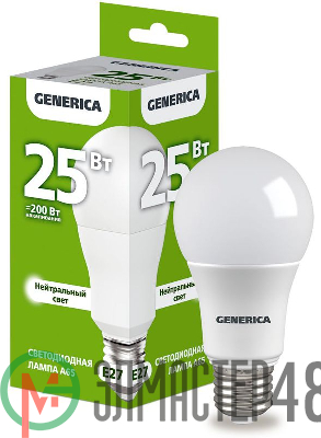 Лампа светодиодная A65 25Вт грушевидная 4000К E27 230В GENERICA LL-A65-25-230-40-E27-G
