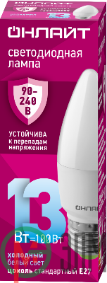 Лампа светодиодная 90 418 OLL-C37-13-230-6.5K-E27-FR (PRO 90-240В) ОНЛАЙТ 90418