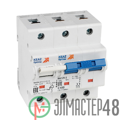 Выключатель автоматический модульный 2п C 80А 10кА OptiDin BM125-2NC80-НР-8ln-УХЛ3 с независимым расцепителем КЭАЗ 336375