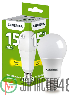 Лампа светодиодная A60 15Вт грушевидная 3000К E27 230В GENERICA LL-A60-15-230-30-E27-G