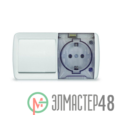 Блок ОП Клио 1-кл. выкл. 10А + розетка 1-м 16А 250В с заземл. с прозр. крышкой бел. Universal К2237