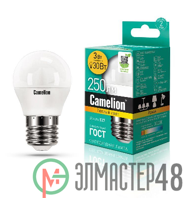 Лампа светодиодная LED3-G45/830/E27 3Вт шар 3000К тепл. бел. E27 245лм 220-240В Camelion 11374