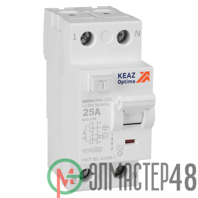 Выключатель дифференциального тока (УЗО) 2п 25А 30мА тип AC 4.5кА OptiDin DM63-2225 УХЛ4 КЭАЗ 343888
