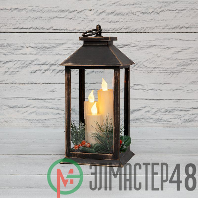 Фонарь декоративный со свечкой и шишкой бронзов. корпус 14x14x27см тепл. бел. Neon-Night 513-048