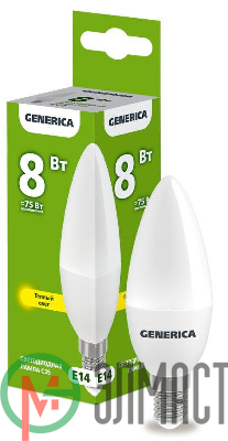 Лампа светодиодная C35 8Вт свеча 3000К E14 230В GENERICA LL-C35-08-230-30-E14-G