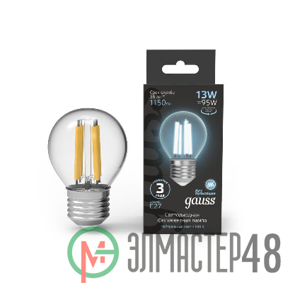 Лампа светодиодная филаментная Black Filament 13Вт P45 шар 4100К нейтр. бел. E27 1150лм GAUSS 105802213