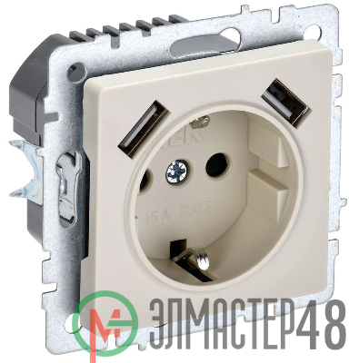 Розетка BRITE РЮш10-1-БрКр 16А с USB A+A 2.1А с заземл. защ. шторки беж. IEK BR-R14-16-U21-D21-K10