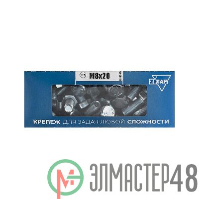 Болт М8х20 с шестигранной головкой цинк. DIN 933 (уп.50шт) класс прочности 8.8. коробка Tech-Krep 105207
