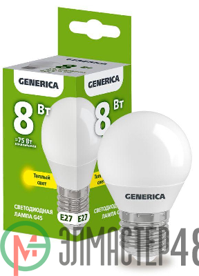 Лампа светодиодная G45 8Вт шар 3000К E27 230В GENERICA LL-G45-08-230-30-E27-G