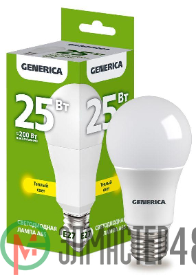 Лампа светодиодная A65 25Вт грушевидная 3000К E27 230В GENERICA LL-A65-25-230-30-E27-G