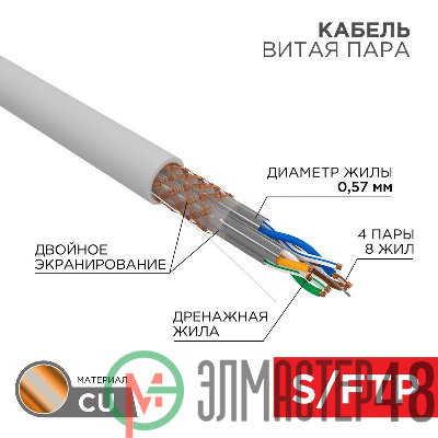 Кабель витая пара S/FTP CAT 6A ZH нг(А)-HF 4х2х0.575мм 23AWG INDOOR SOLID сер. (305м) PRO Rexant 02-0325
