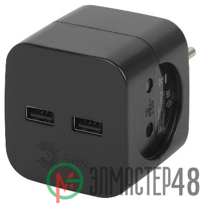 Разветвитель электрический SP-2-USB-B на 2 розетки 220В+ 2xUSB 2400мА без заземл 10А черн. Эра Б0049535
