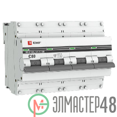 Выключатель автоматический модульный 4п C 80А 10кА ВА 47-100 PROxima EKF mcb47100-4-80C-pro