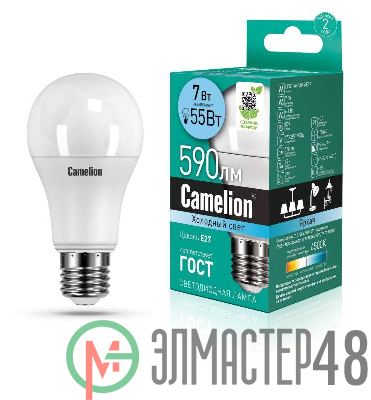 Лампа светодиодная LED7-A60/845/E27 7Вт грушевидная матовая 4500К бел. E27 590лм 170-265В Camelion 11254