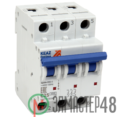 Выключатель автоматический модульный 3п D 25А 10кА OptiDin BM63-M-3D25-10-УХЛ3 КЭАЗ 294818