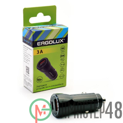 Адаптер автомобильный ELX-CA01-C02 1USB+1Type C 12В 5В/3А LED коробка черн. ERGOLUX 15106