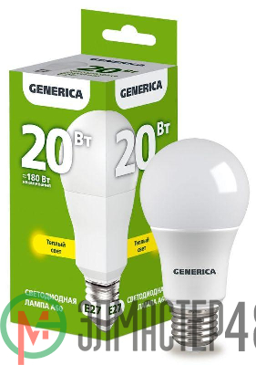 Лампа светодиодная A60 20Вт грушевидная 3000К E27 230В GENERICA LL-A60-20-230-30-E27-G