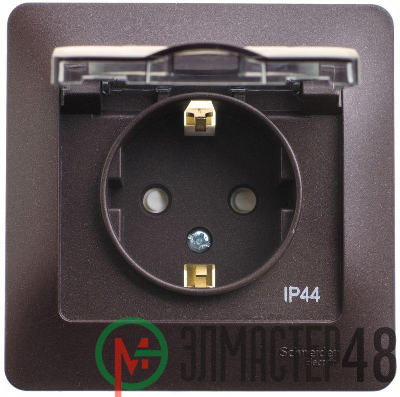 Розетка 1-м Glossa 16А с защ. крышкой защ. шторки с заземл. в сборе IP44 шоколад SchE GSL000848