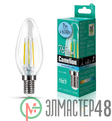 Лампа светодиодная филаментная LED7-C35-FL/845/E14 7Вт 220В Camelion 13453