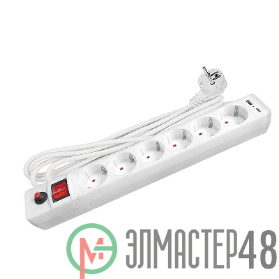 Удлинитель с сетевым фильтром 6х5м с заземл. 10А IP20 2.2кВт USB type-A + type-C ПВС 3х0.75 с выкл. бел. UNIVersal 2545