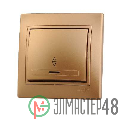Выключатель проходной 1-кл. СП Мира 10А IP20 с подсветкой с вст. метал. зол. LEZARD 701-1313-114
