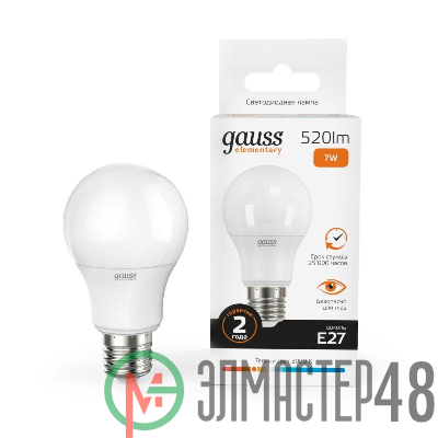 Лампа светодиодная Elementary A60 7Вт грушевидная 2700К тепл. бел. E27 520лм 180-240В Gauss 23217A