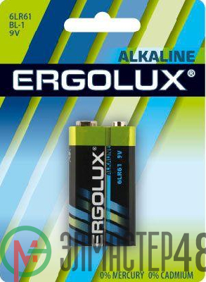 Элемент питания алкалиновый "крона" 6LR61 BL-1 6LR61 BL-1 9В Alkaline (блист.1шт) Ergolux 11753