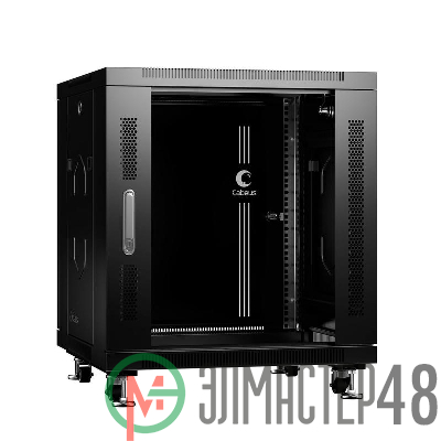 Шкаф монтажный телекоммуникационный напольный SH-05C-12U60/60-BK 19дюйм для распред. и серверн. оборудования 12U 600х600х730мм передн. стеклян. и задн. сплошн. метал. двери ручка с замком черн. (RAL 9004) Cabeus 8554c