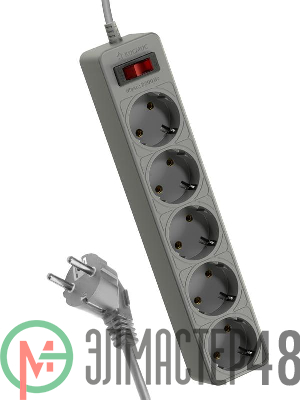 Удлинитель с сетевым фильтром 5х1.8м с заземл. 10А IP20 2.2кВт 3х0.75 индикатор сети сер. Космос FKsm1.8m-5g(G)