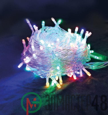 Гирлянда светодиодная 100LED бел. прозр. провод 6.5м расстояние между лампами 10см 8 режимов мигания Космос KOC_GIR100LED_RGB_7m