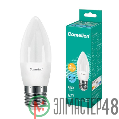 Лампа светодиодная LED8-C35/845/E27 8Вт свеча 4500К бел. E27 750лм 170-265В Camelion 12390