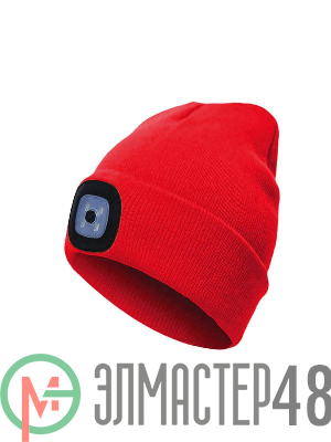 Шапка с фонариком 215х205х5 красн. (фонарь 68х40х23мм снимается и крепится в другое место; аккум. 3.7В/300мА.ч) 3 режима свечения+функция  SOS Космос KOCHat2_red