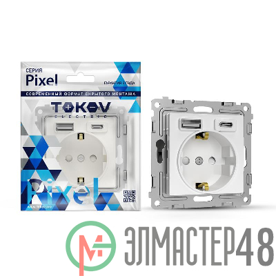 Розетка 1-м СП Pixel IP20 с заземл. с 2-мя заряд. устр. USB тип A+C механизм бел. TOKOV ELECTRIC TKE-PX-R1U2AC-C01