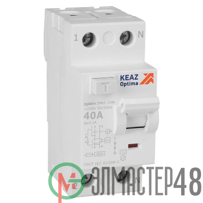Выключатель дифференциального тока (УЗО) 2п 40А 100мА тип AC 4.5кА OptiDin DM63-2340 УХЛ4 КЭАЗ 343895