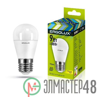 Лампа светодиодная LED-G45-9W-E27-3К Шар 9Вт E27 3000К 172-265В Ergolux 13176
