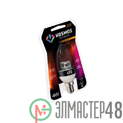 Лампа светодиодная KOSMOS premium 4Вт свеча прозрачная E14 230В 3000К Космос KLED4wCN230vE1427CL