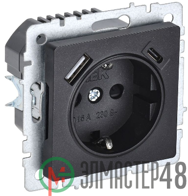 Розетка BRITE РЮш11-1-БрЧ 16А с USB A+C 18Вт с заземл. защ. шторки черн. IEK BR-R14-16-U22-018-K02