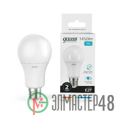 Лампа светодиодная Elementary A60 15Вт грушевидная 4100К бел. E27 1450лм 180-240В Gauss 23225