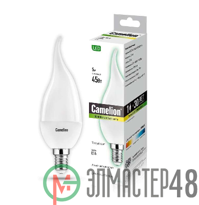 Лампа светодиодная LED5-CW35/830/E14 5Вт свеча на ветру 3000К тепл. бел. E14 390лм 220-240В Camelion 12033