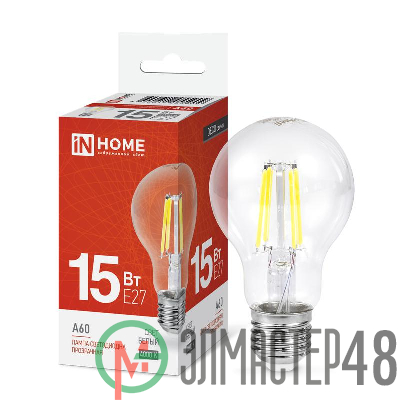 Лампа светодиодная филаментная LED-A60-deco грушевидная прозрачная 15Вт 230В E27 4000К 1480лм IN HOME 4690612055909