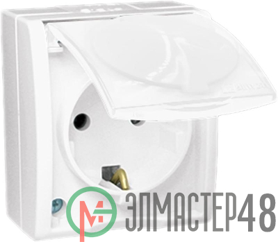 Розетка 1-м ОП Simon15 с защ. крышкой защ. шторки с заземл. IP54 бел. Simon 1594432-030