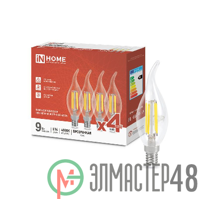 Лампа светодиодная филаментная LED-СВЕЧА НА ВЕТРУ-deco 4PACK 9Вт свеча на ветру прозрачная 4000К нейтр. бел. E14 1040лм 230В (уп.4шт) IN HOME 4690612053455