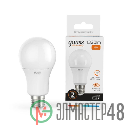 Лампа светодиодная Elementary A60 15Вт грушевидная 3000К тепл. бел. E27 1320лм 180-240В Gauss 23215