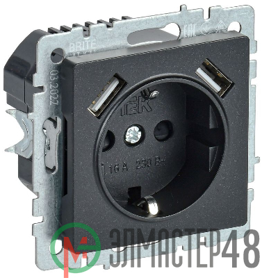 Розетка BRITE РЮш10-1-БрЧ 16А с USB A+A 2.1А с заземл. защ. шторки черн. IEK BR-R14-16-U21-D21-K02
