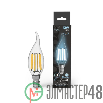 Лампа светодиодная филаментная Black Filament 13Вт свеча на ветру 4100К нейтр. бел. E14 1150лм GAUSS 104801213