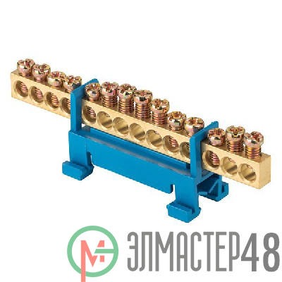 Шина нулевая N 6х9 14 отверстий синий изолятор тип "Стойка" на DIN-рейку латунь PROxima EKF sn0-63-14-sb