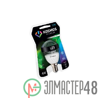 Лампа светодиодная KOSMOS premium 4Вт Шар прозрачный 45мм E14 230В 4500К Космос KLED4wGL45230vE1445C
