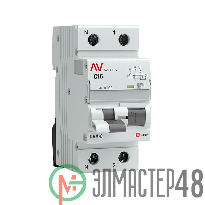 Выключатель автоматический дифференциального тока 2п C 16А 30мА тип AC 6кА DVA-6 Averes EKF rcbo6-1pn-16C-30-ac-av